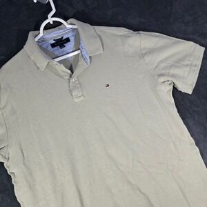 Tommy Hilfiger Mens XL Polo Shirt Yellow Beige Short‎ Sleeve Classic Logo Casual